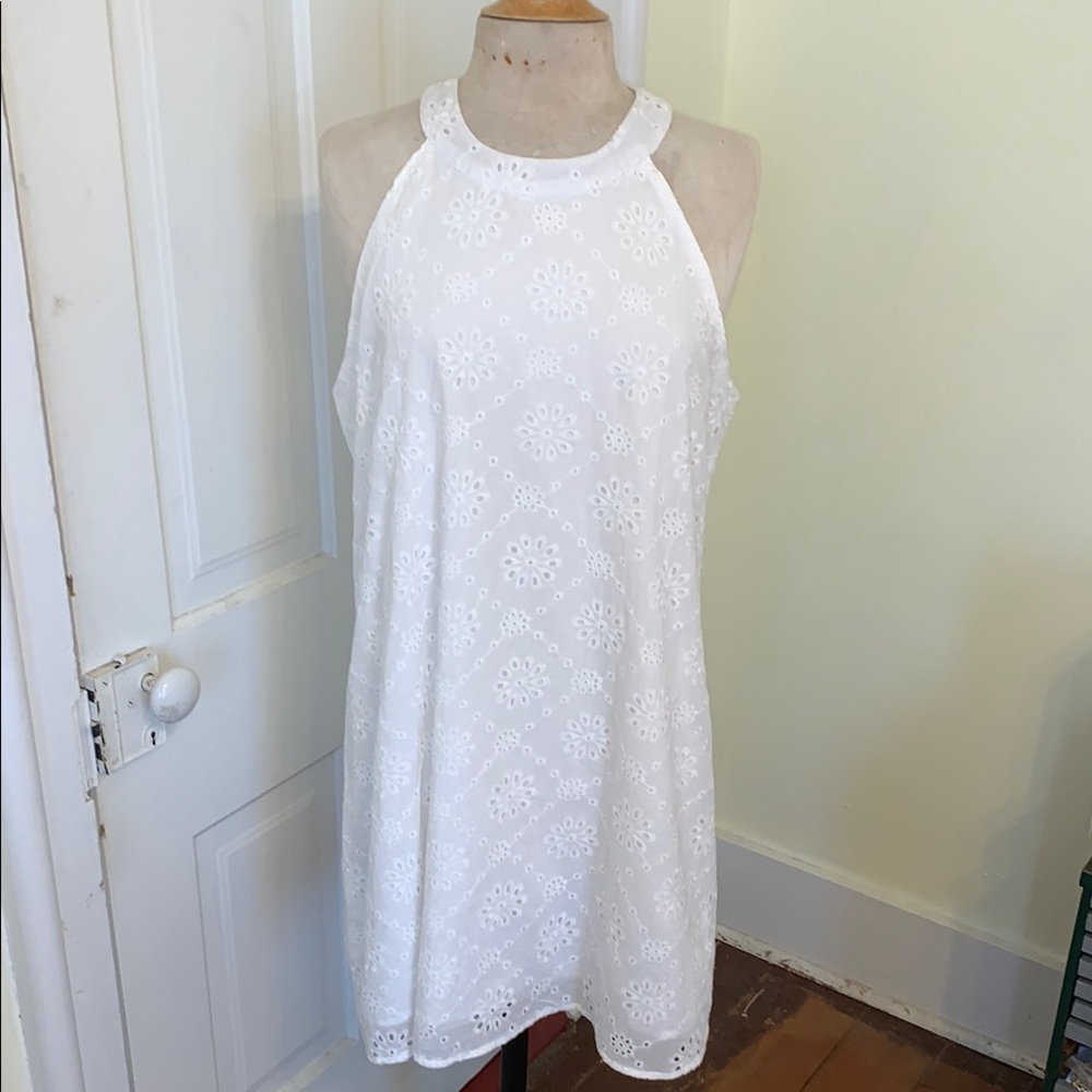 Noracora Halter Style White Eyelet Flare Mini Dress Lined Boho M NWT